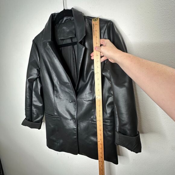 Black Leatherette 2-Button Narrow Lapel Welt Pockets Button Sleeve Blazer Medium - Picture 9 of 11